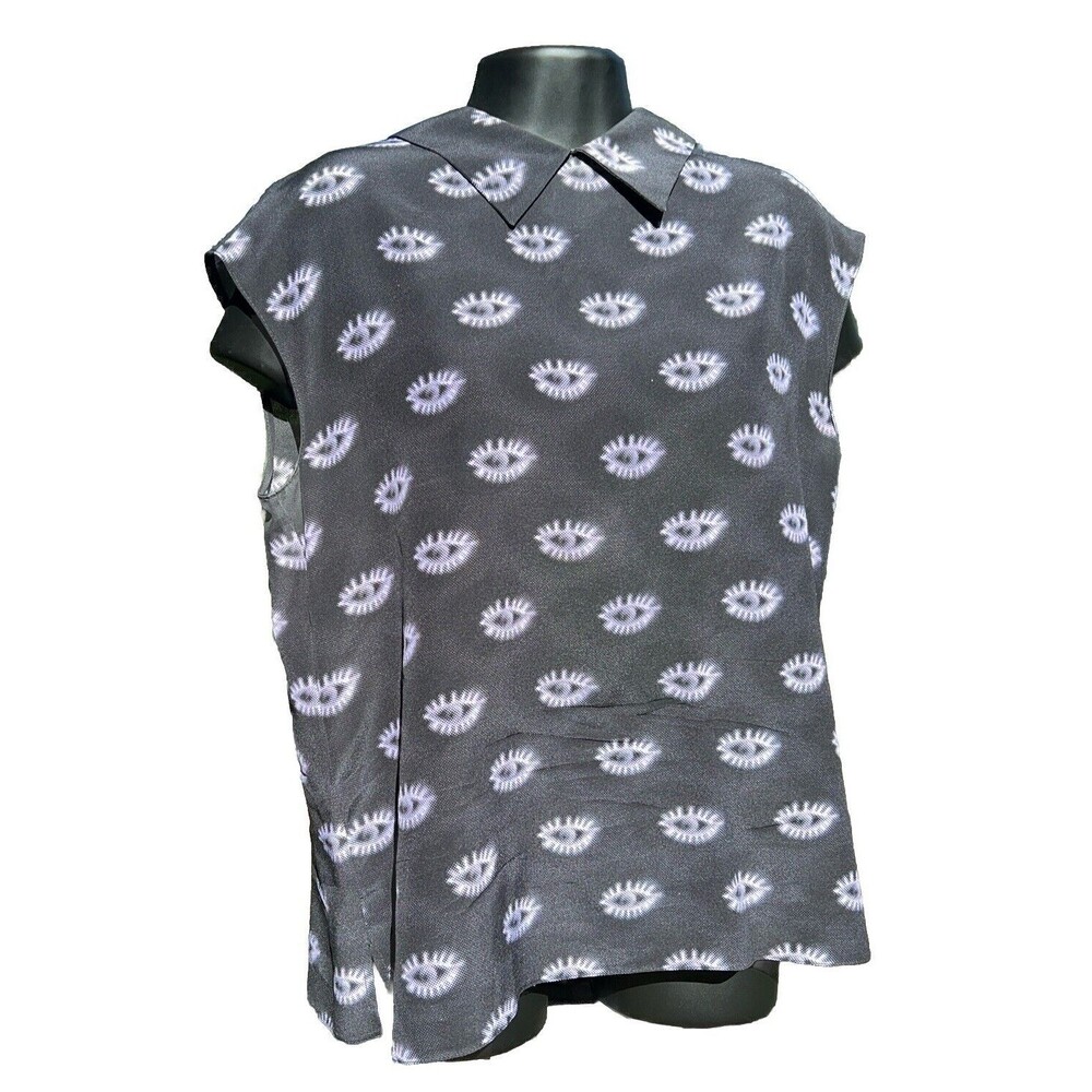 Prada Milano Top Eye Print Purple Black Sleeveless Collar Button Up Back Silk 6